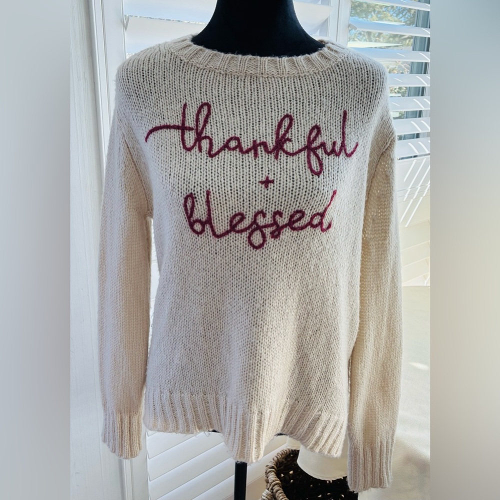 Wooden Ships Thankful + Blessed Cream light Sweater X/S fits Oversized Like M - Picture 1 of 8